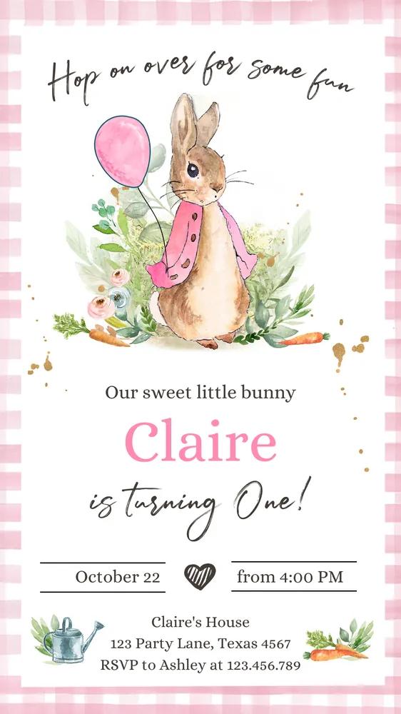 Flopsy Rabbit 1st Birthday Electronic Invitation Pink Rustic Bunny Canva Template