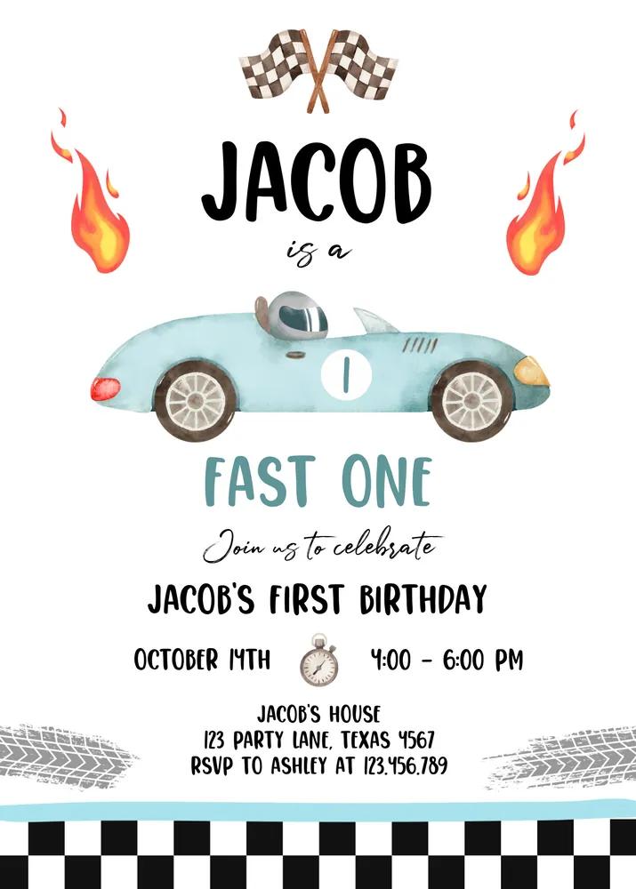 Race Car 1st Birthday Invitation Fast One Boy Canva Template Digital Download