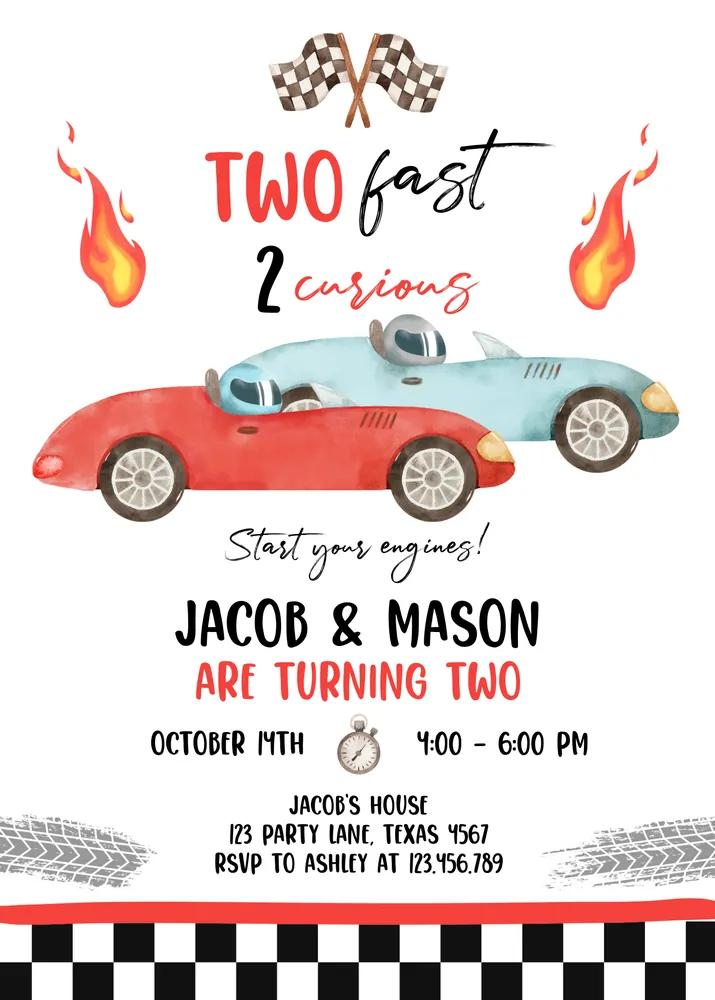 Two Fast Racing Car 2nd Birthday Invitation Template, Twin Boys Canva Digital