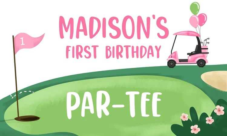 Hole in One Girl 1st Birthday Backdrop Banner Canva Template Par-tee Golf