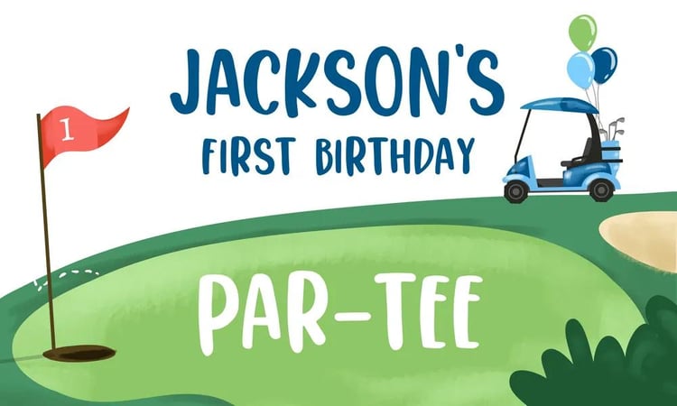 Hole in One Golf First Birthday Backdrop Banner Canva Template Par-Tee Decor