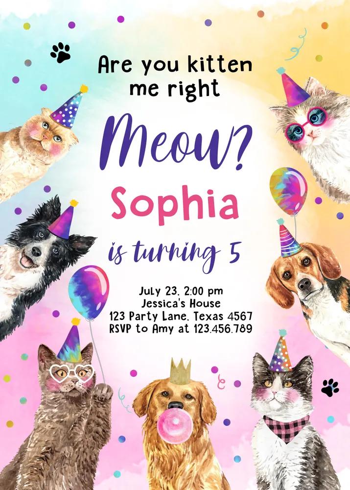 Cat Birthday Party Invitation - Editable Canva Template - Kitten Me Right Meow