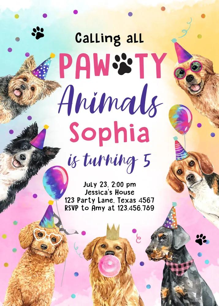 Dogs Birthday Party Invitation | Editable Canva Template | Pawty Animals Invite