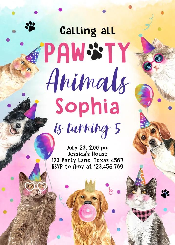 Cats and Dogs Birthday Invitation | Girls Puppy Kitten Pawty Canva Template