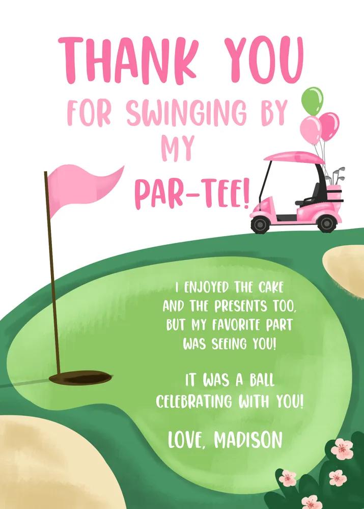 Pink Girls Golf Birthday Thank You Card - Editable Canva Template