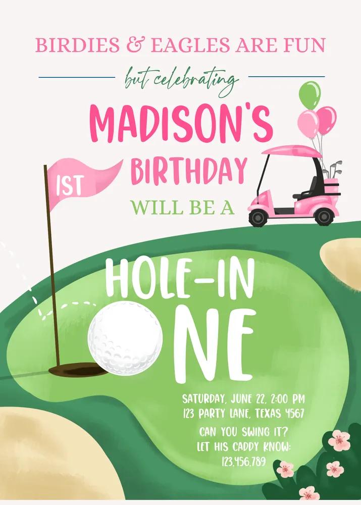 Hole in One Girl 1st Birthday Invitation | Pink Golf Par-Tee Canva Template