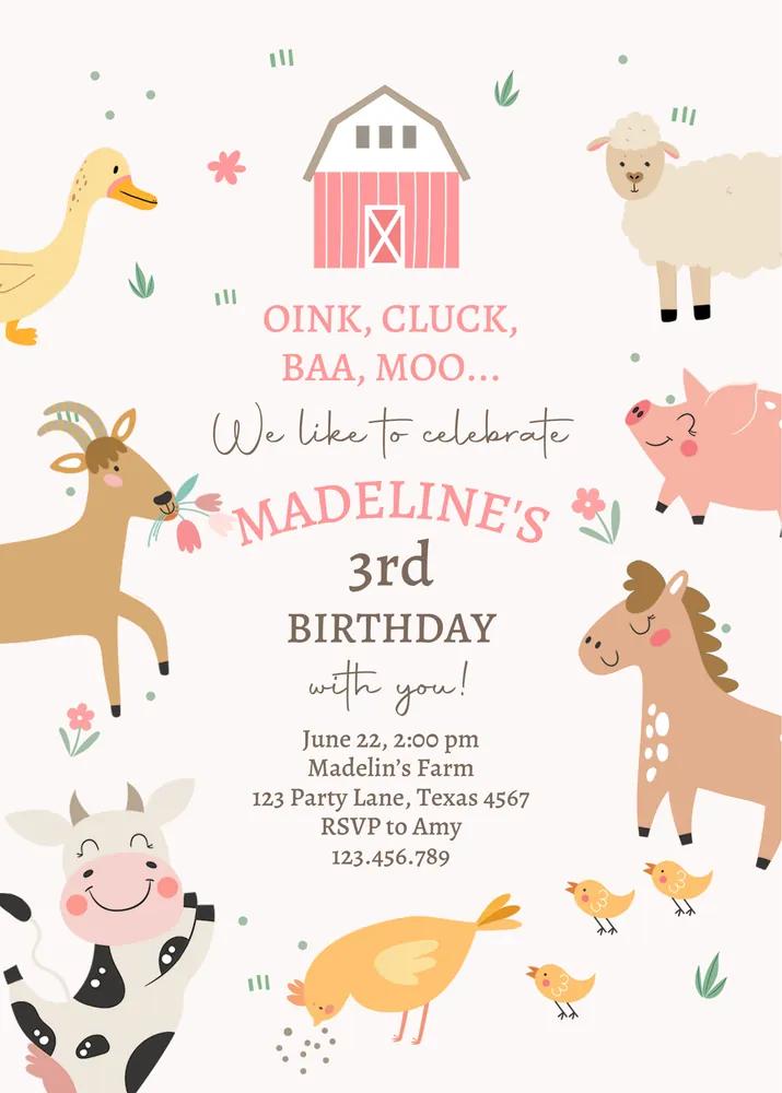 Girl Farm Birthday Invitation Template, Pink Barnyard Party Canva Invite