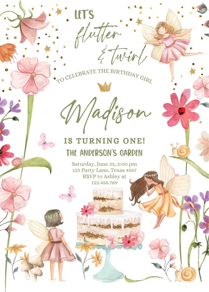 Fairy Princess Birthday Invitation | Editable Pink Floral Garden Canva Template
