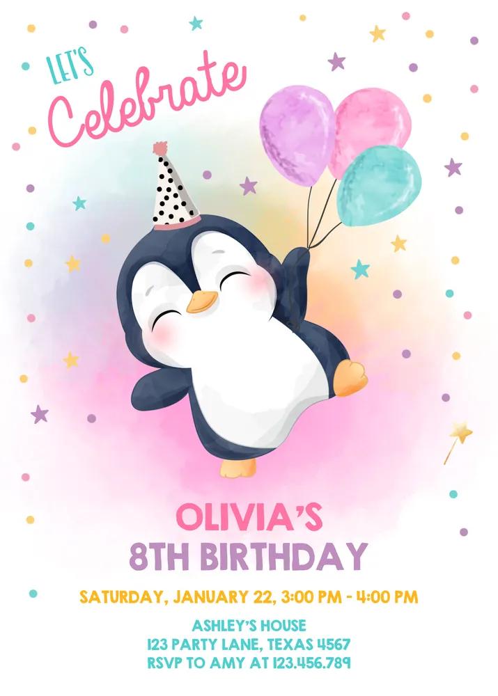 Penguin Birthday Invitation Girl Winter Arctic Animals Canva Template