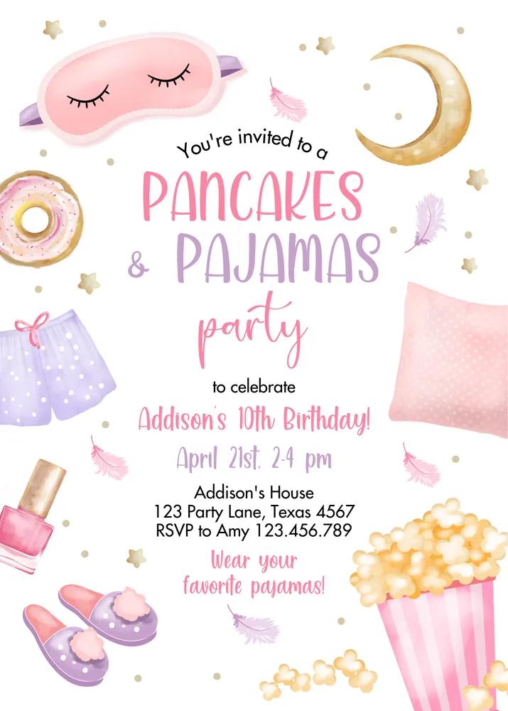 Pancakes and Pajamas Movie Night Birthday Invitation Pink Slumber Party Canva