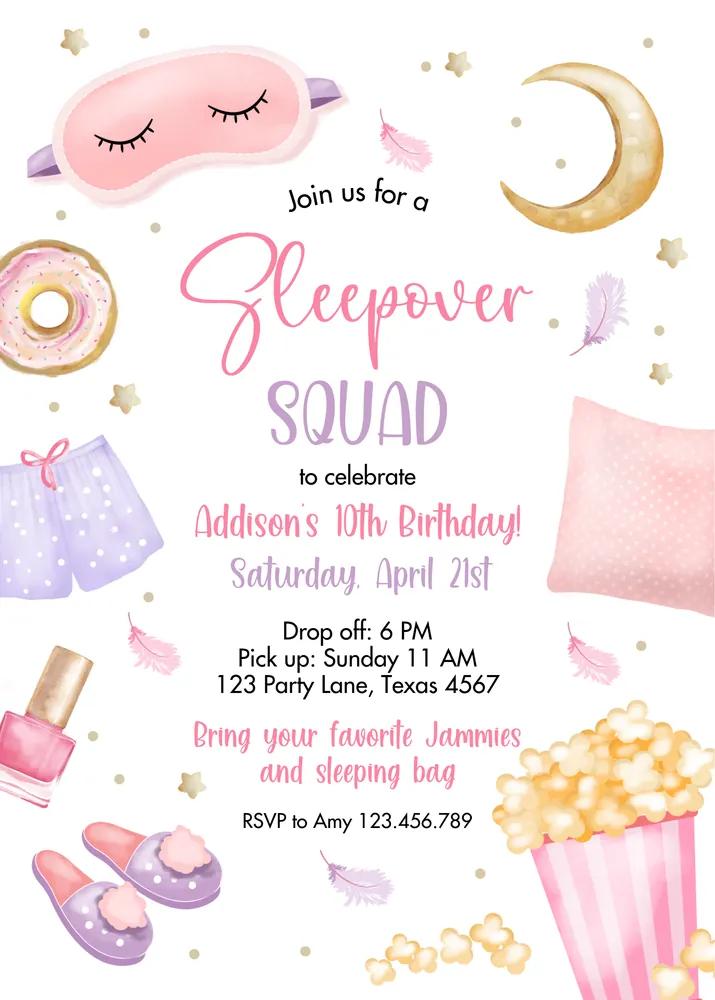 Sleepover Squad Birthday Invitation | Pink Slumber Party Canva Template