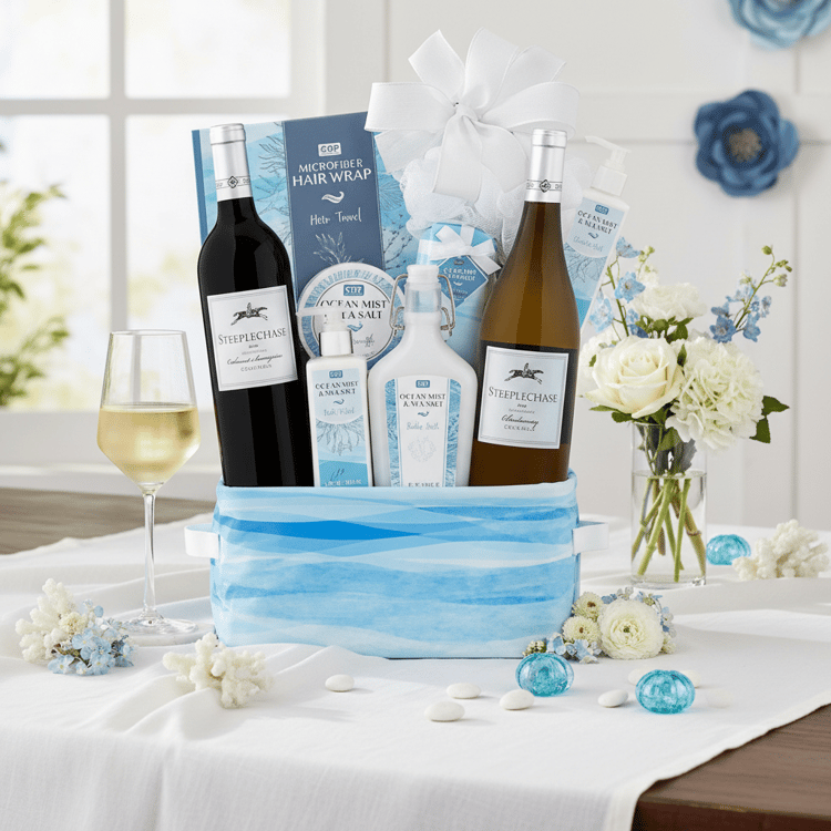 Gift basket with wine bottles, cheese, and flowers on a table.