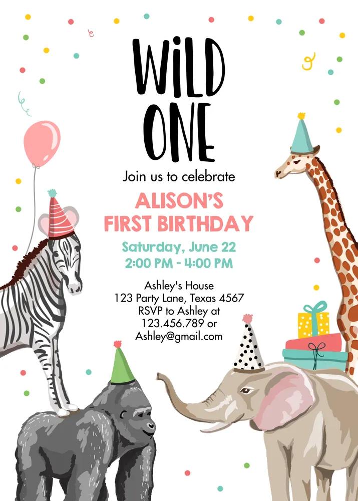Party Animals Birthday Invitation | Wild One Zoo Safari Girl Canva Template