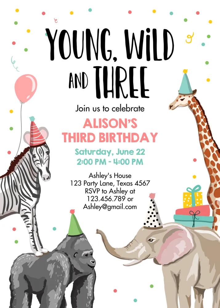 Young Wild and Three Birthday Invitation | Pink Jungle Safari Canva Template