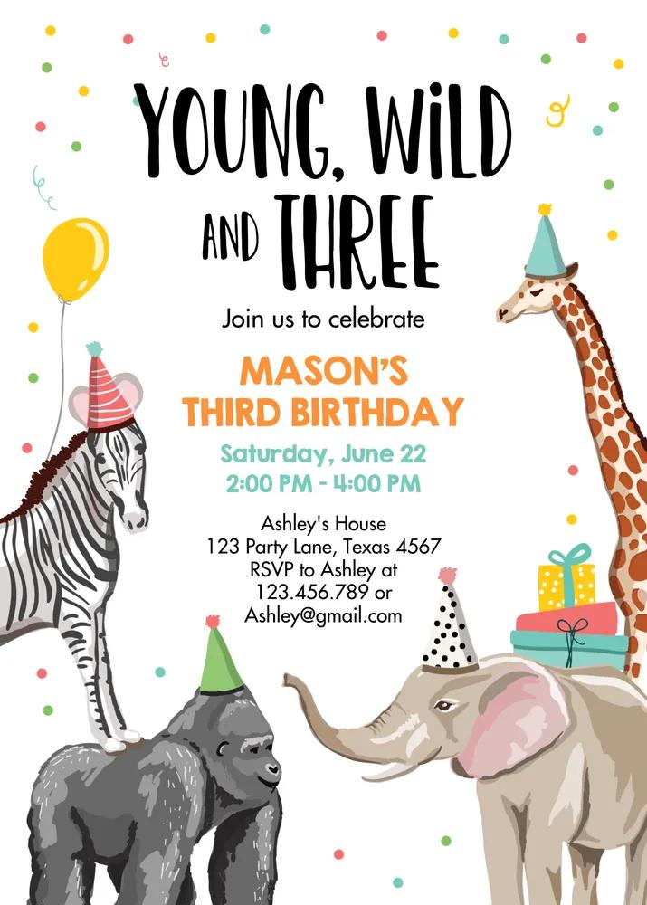 Young Wild and Three Birthday Invitation | Jungle Safari 3rd Birthday Canva