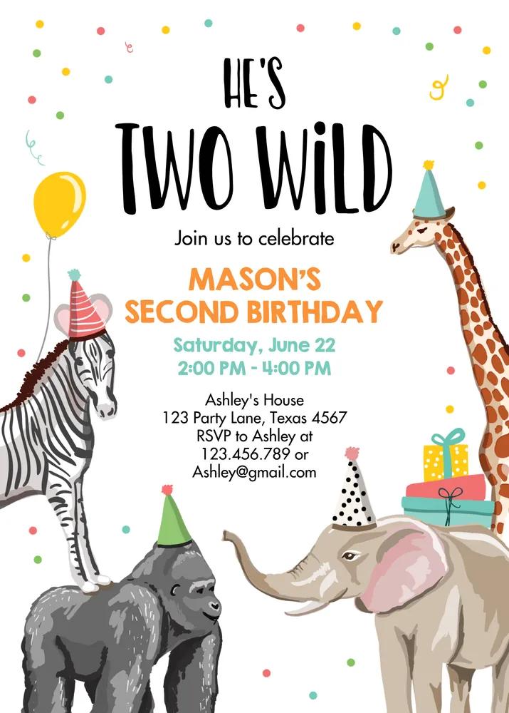 Two Wild Birthday Invitation | Safari Jungle Animals Boy Canva Template
