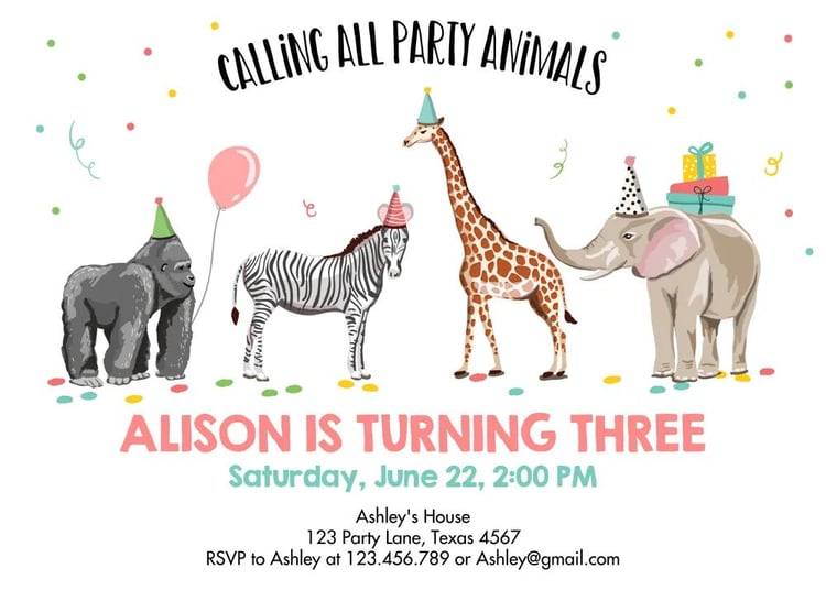 Party Animals Birthday Invitation | Zoo Safari Wild One Girl Canva Template
