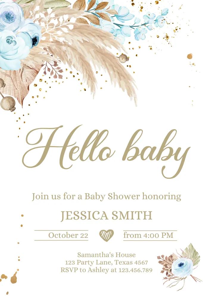 Boho Pampas Grass Baby Shower Invitation - Boy Tropical Bohemian Canva Template