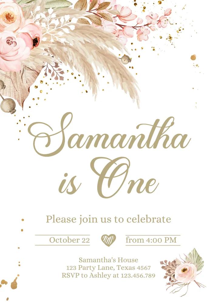 Boho Pampas Grass Birthday Invitation - Editable Canva Template