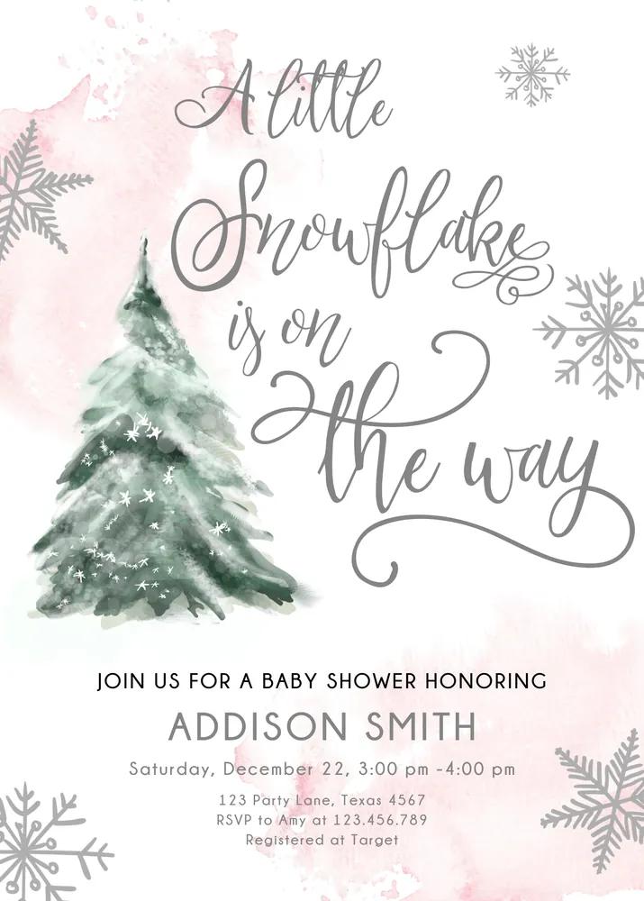 Snowflake Baby Shower Invitation Girl Blush Pink Winter Canva Template