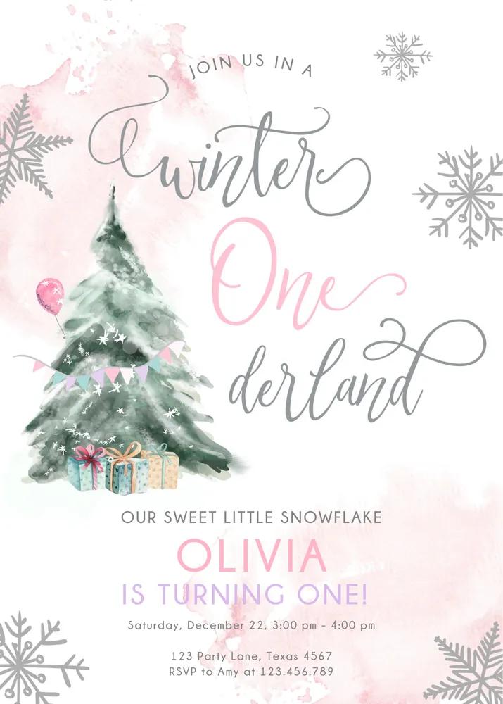 Winter Onederland 1st Birthday Invitation Canva Template Pink Snow Girl