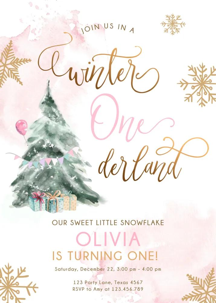 Winter ONEderland 1st Birthday Invitation Canva Template Girl Pink Gold