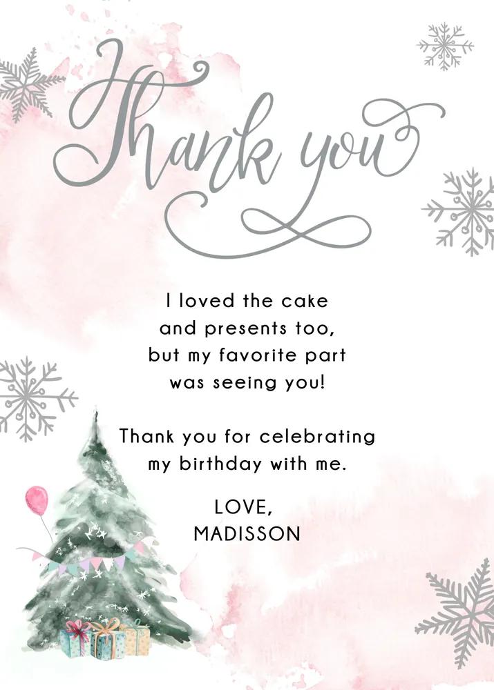 Winter Tree Girl Birthday Thank You Card - Pink Watercolor Snow Invitation