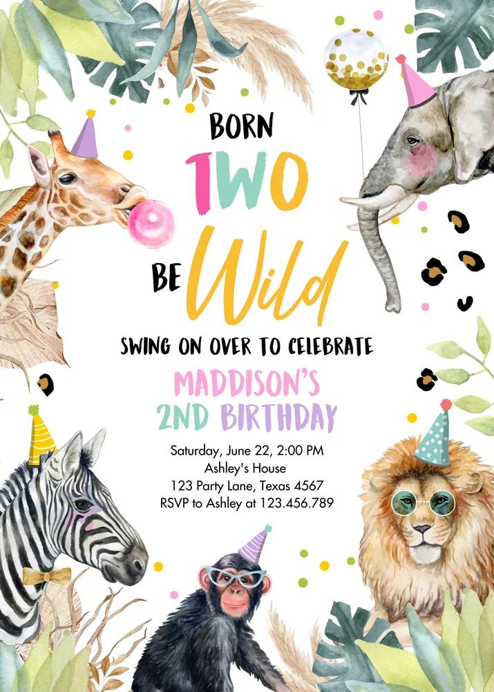 Born Two Be Wild Birthday Invitation | Girl Safari Zoo Canva Template