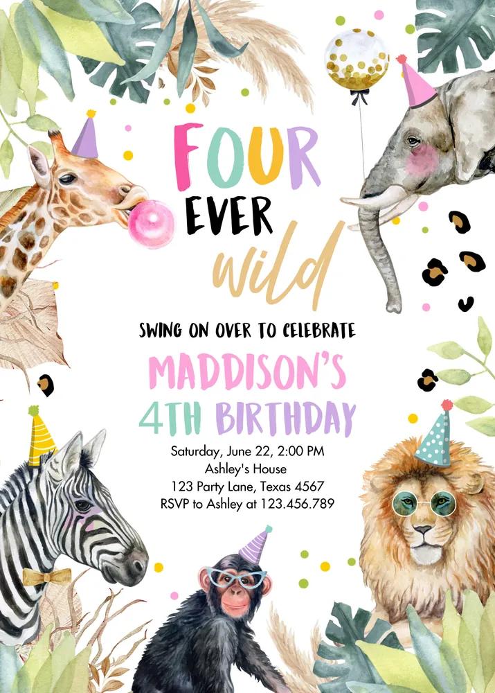 Four Ever Wild 4th Birthday Invitation, Leopard Safari Canva Template