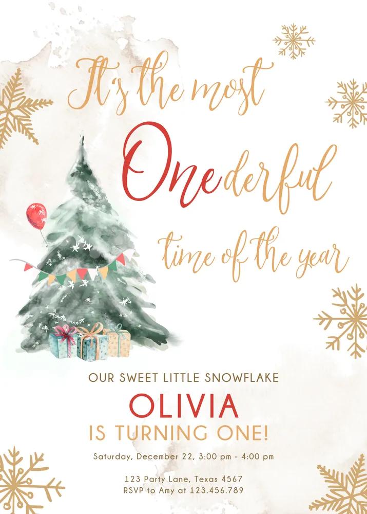 Winter Onederland 1st Birthday Invitation Canva Template Red Gold