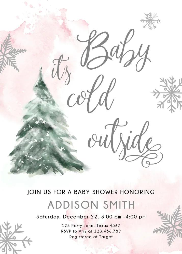 Winter Baby Shower Invitation Girl Blush Pink Snow Cold Outside Canva Template