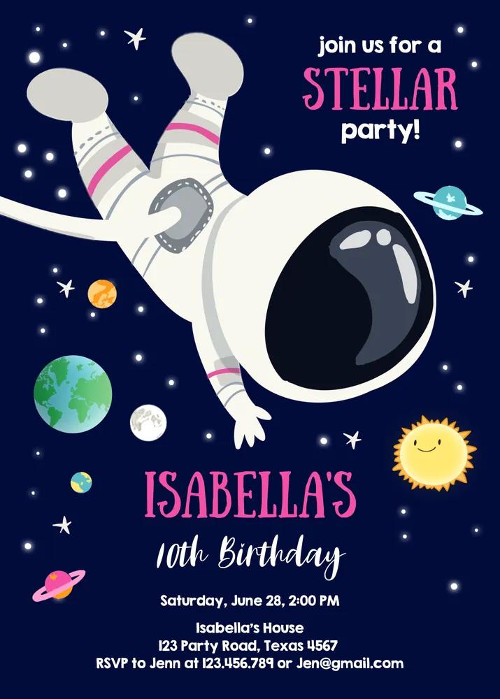 Girl Outer Space Birthday Invitation | Editable Canva Template Galaxy Party