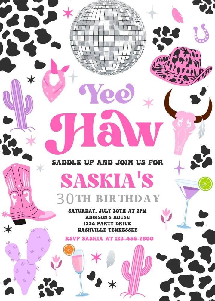Space Cowgirl Birthday Invitation | Pink Nashville Rodeo Disco Canva Template