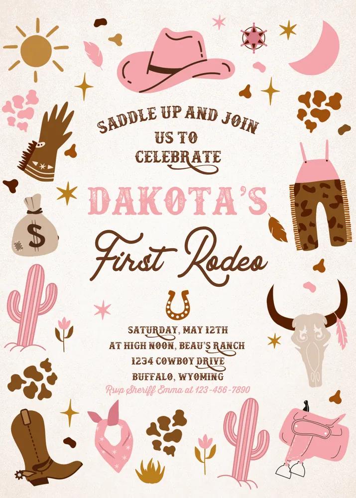 Cowgirl 1st Rodeo Birthday Invitation, Pink Wild West Canva Template