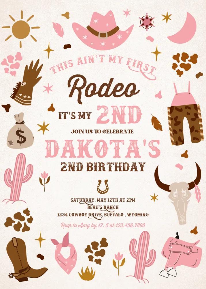 Pink Second Rodeo Cowgirl 2nd Birthday Invitation, Editable Canva Template