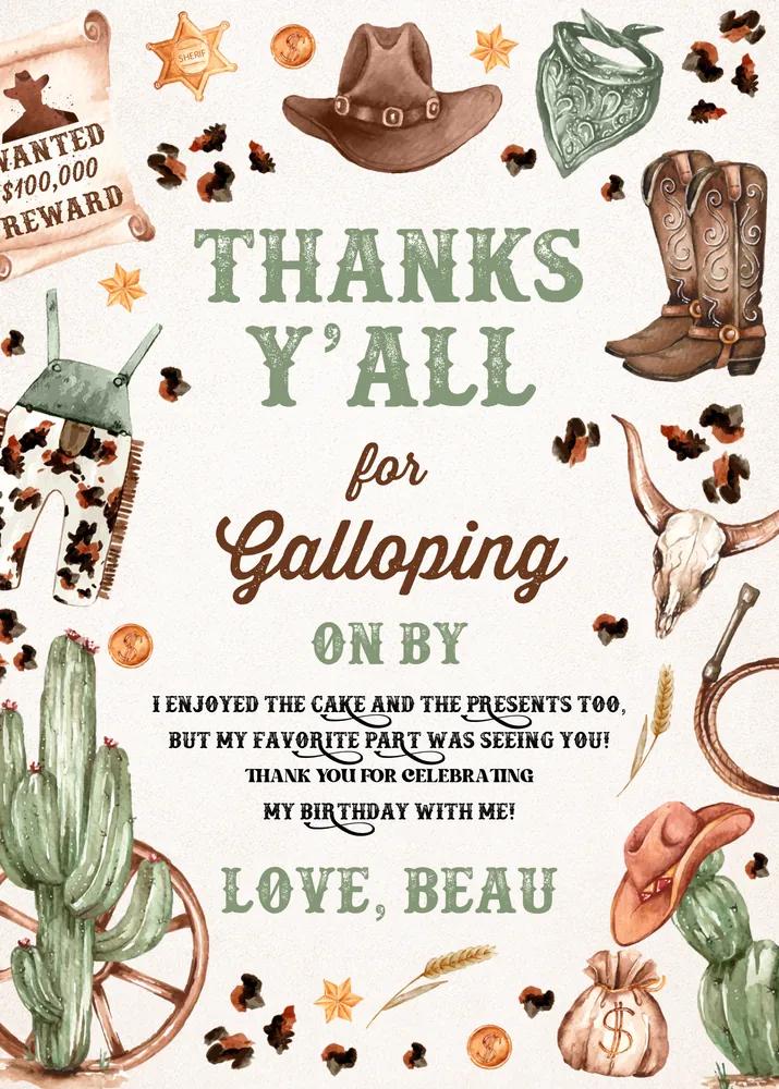 Wild West Cowboy Birthday Thank You Card - Editable Canva Template