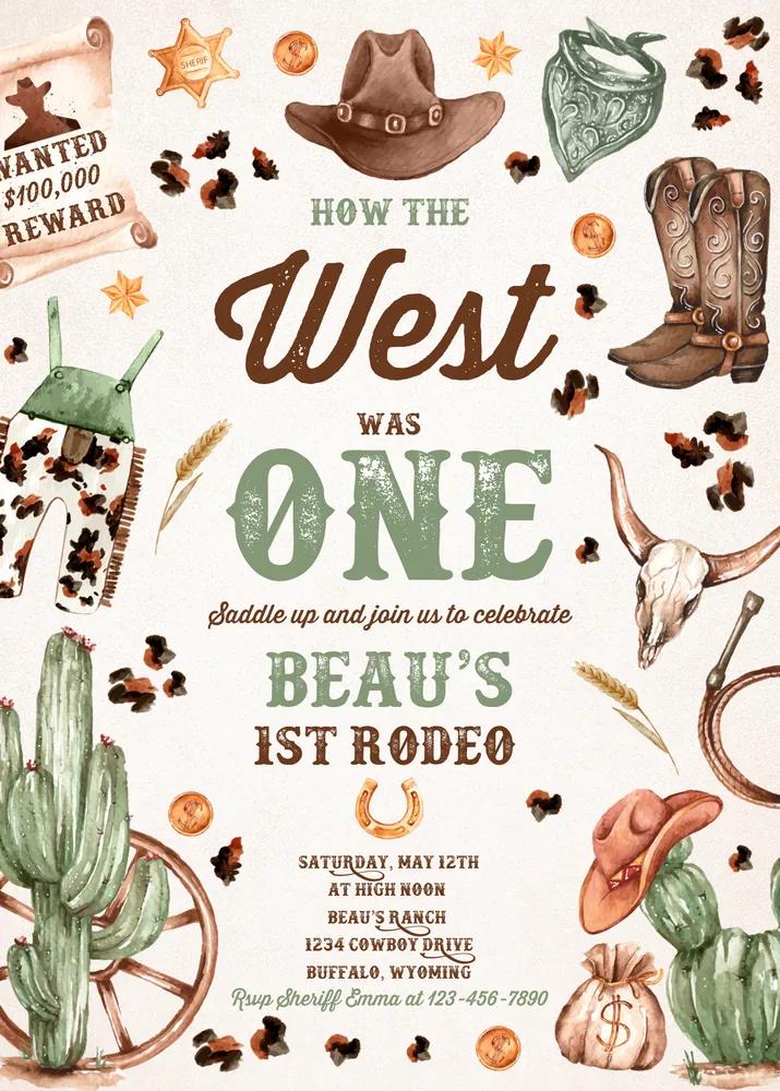 How The West Was One Birthday Invitation | Cowboy 1st Rodeo Canva Template