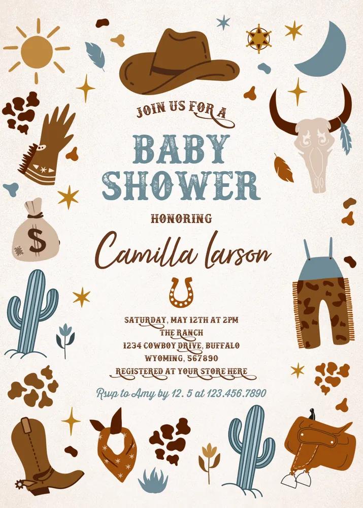 Cowboy Baby Shower Invitation Wild West Rodeo Editable Canva Template