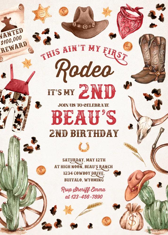 Blue Second Rodeo Cowboy 2nd Birthday Invitation Canva Template