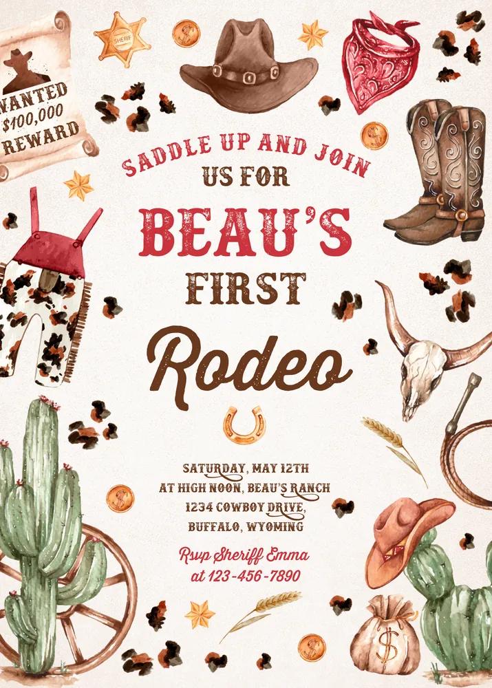 Cowboy 1st Rodeo Birthday Invitation, Editable Wild West Ranch Canva Template