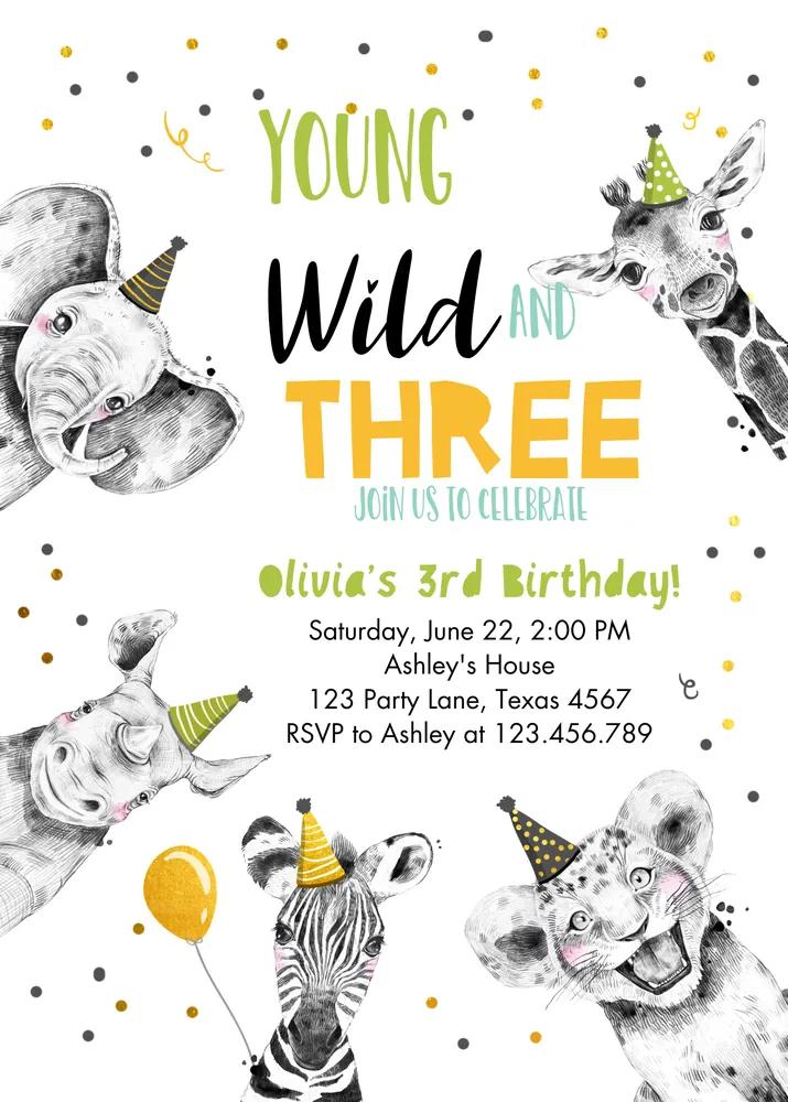 Young Wild and Three Safari Birthday Invitation, Green Gold Boy 3rd Invite Canva