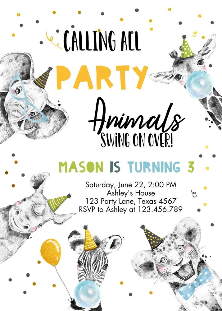 Party Animals Birthday Invitation | Wild One Safari Zoo Editable Canva Template