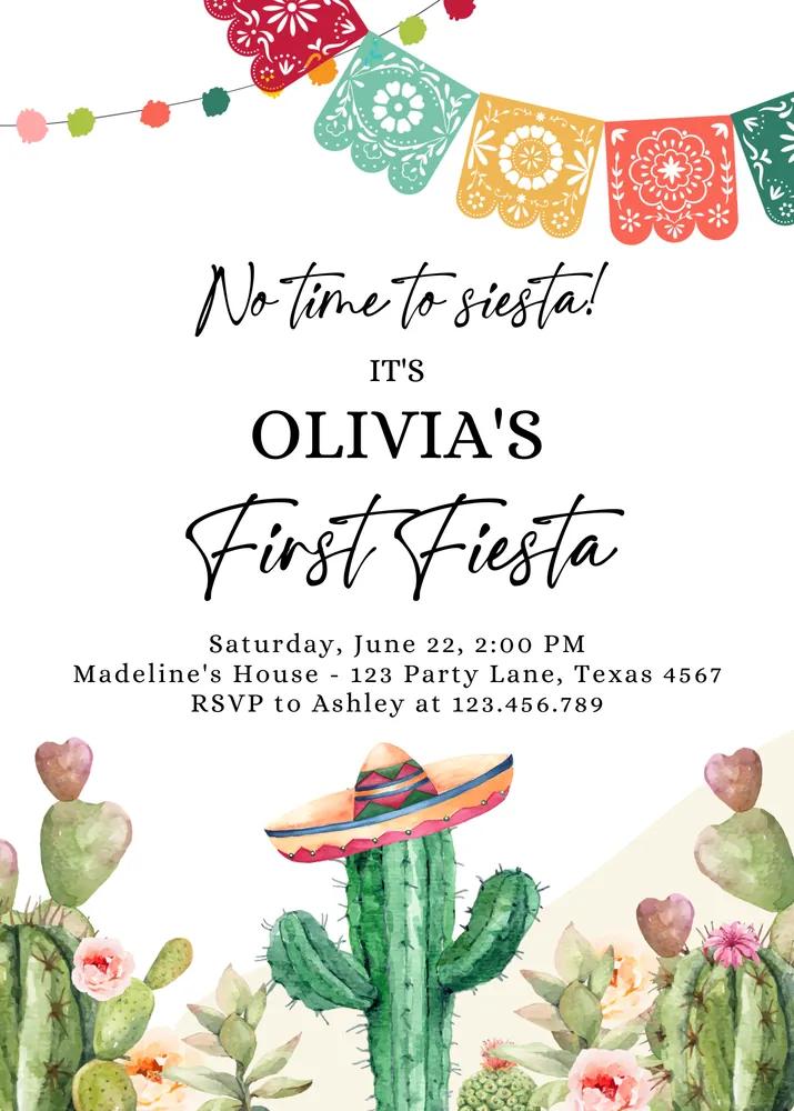 First Fiesta Birthday Invitation Template | Editable Canva Girl Cactus Floral