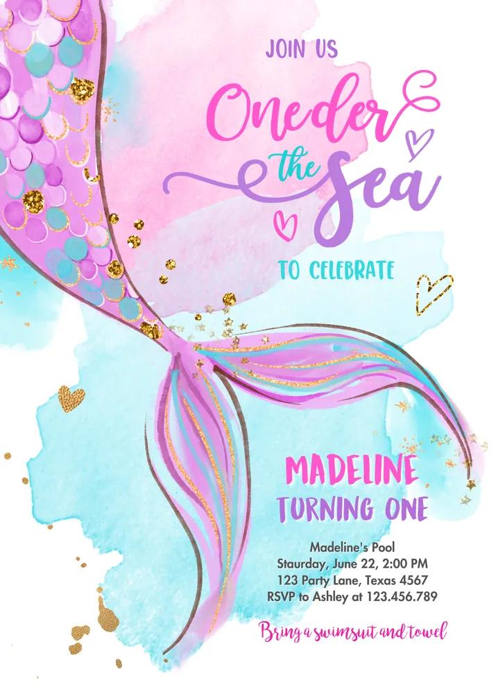 ONEder the Sea Mermaid 1st Birthday Invitation Canva Template Girl Pink Gold