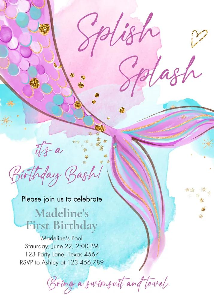 Mermaid Birthday Invitation Canva Template | Pink Purple Silver Under the Sea