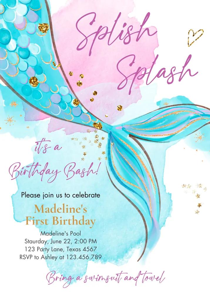 Mermaid Birthday Invitation Template - Editable Pink Aqua Blue Gold Under the Sea