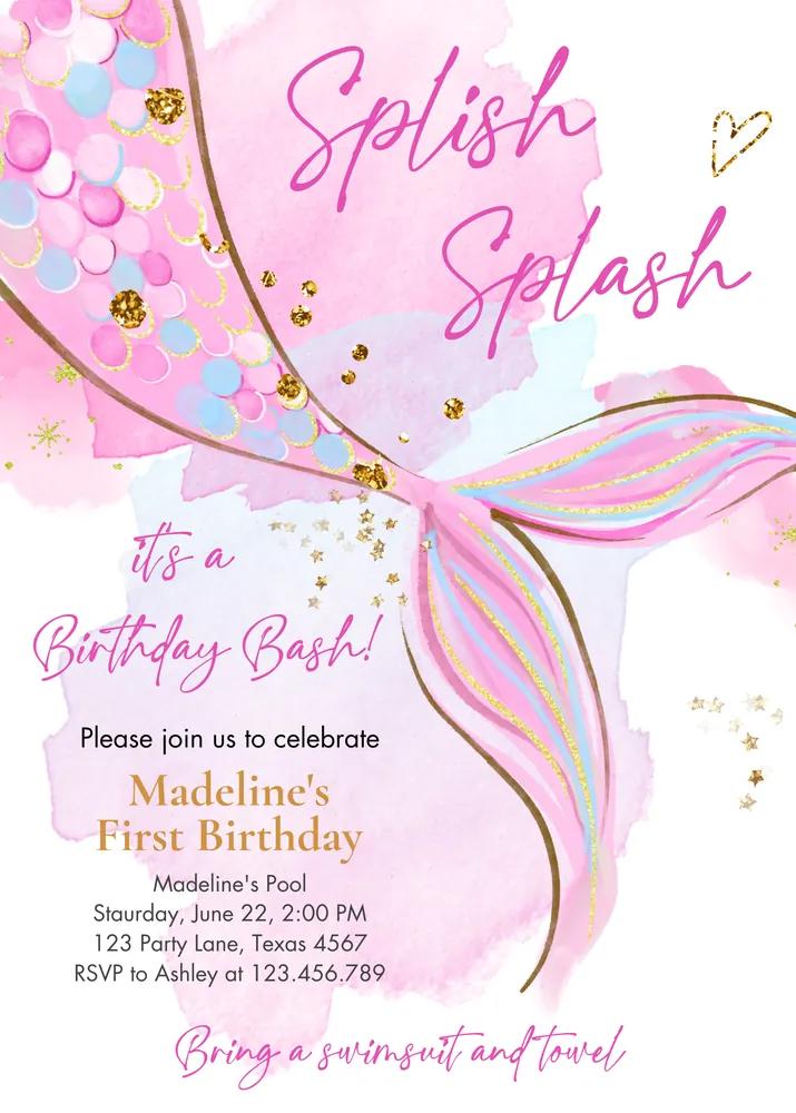 Mermaid Birthday Invitation Template - Blush Pink Gold Under The Sea Editable