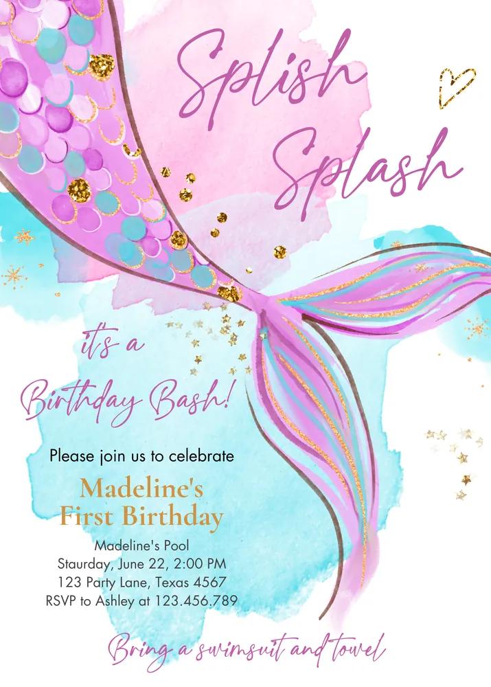 Mermaid Birthday Invitation Template - Editable Pink Purple Gold Under the Sea