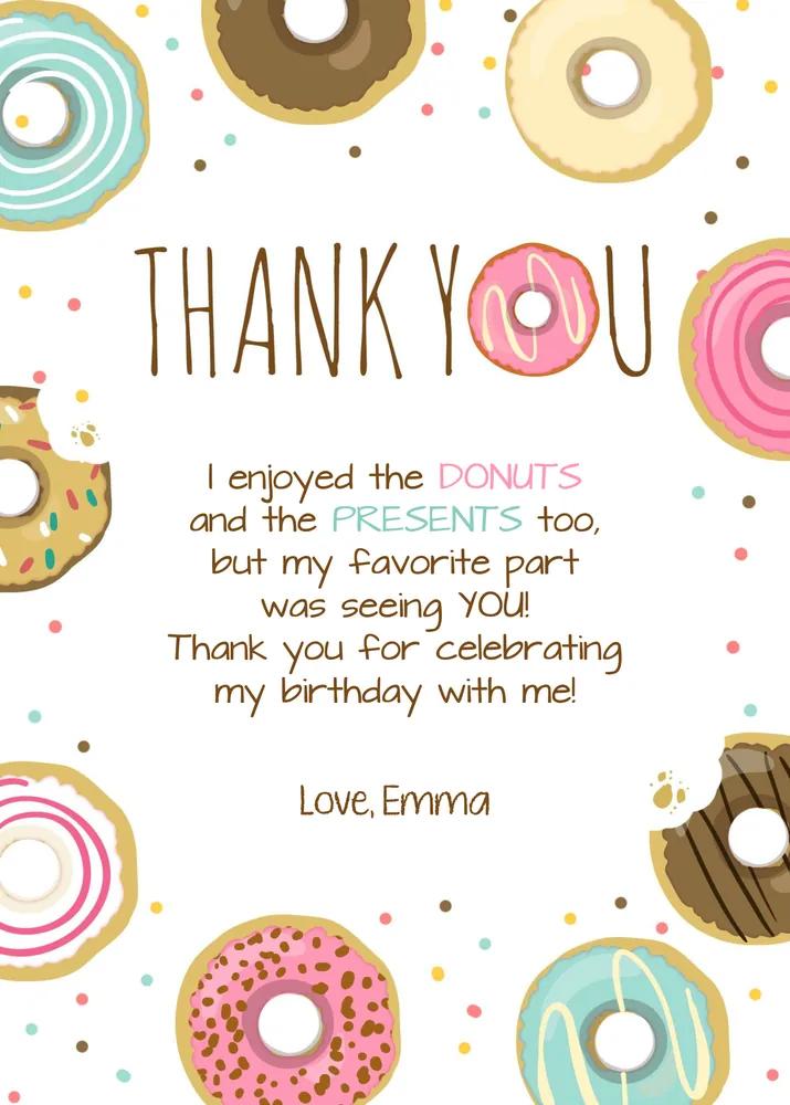 Editable Donut Thank You Card Pink Girl 1st Birthday Photo Note Canva Template