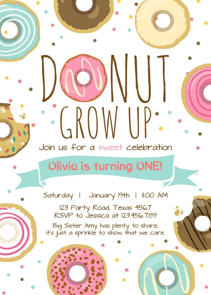 Donut Grow Up 1st Birthday Invitation | Pink Girl Editable Canva Template